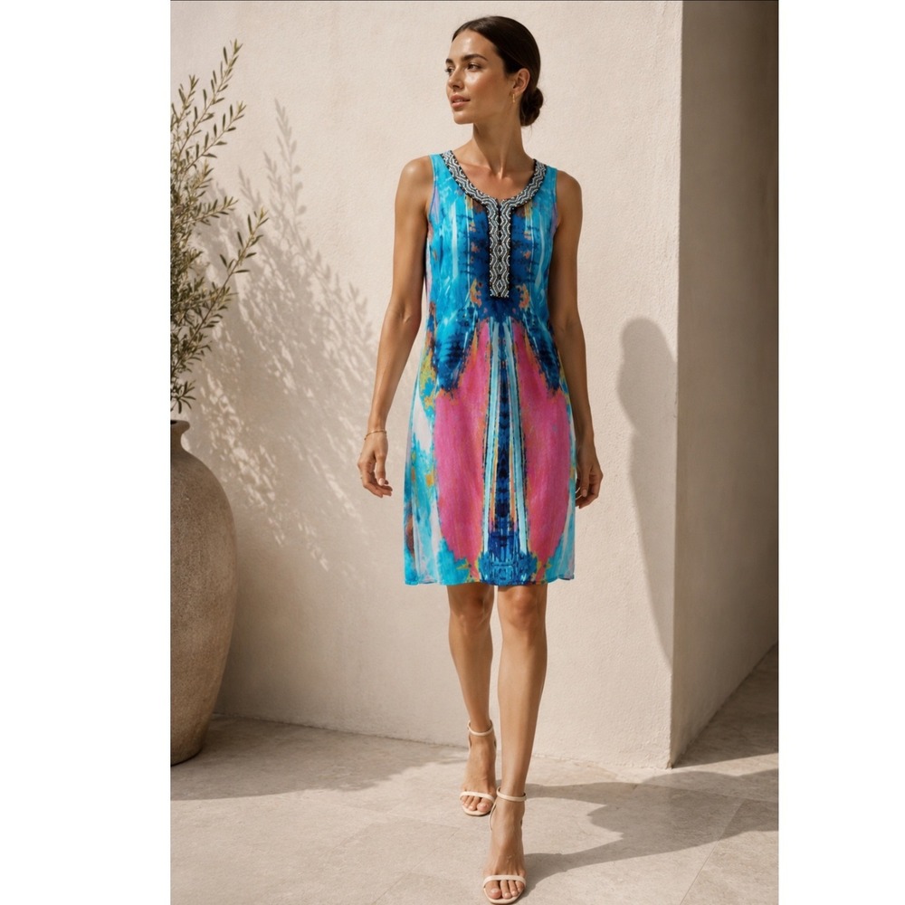 Desigual Abstract Print Beaded Neckline Dress Women 38 Summer Boho Small